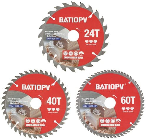 BATIOPV Kreissägeblatt 160 x 20/25 mm(24/40/60 Zähne) 3-teilig (für Holz, Spanplatten, Sperrholz, Hartholz, usw.) Sägeblatt 160x20 Kompatibel mit Dewalt Makita Bosch einhell, Holzschnitte