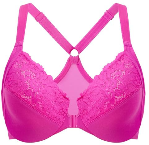 DELIMIRA Donna Reggiseno con Apertura Frontale Taglie Forti in Pizzo Racerback Senza Imbottitura con Ferretto Rosa Glitterato 4B