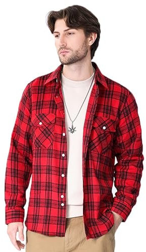 Iris Sprite Chemise à Carreaux en Flanelle Chemise décontractée Casual Manches Longues avec Poches(M517-Noir Rouge, XL)