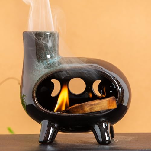 MOUGIGI Quemador de cerámica hecho a mano con esmalte verde, moderno plato de chimenea de incienso con pies, ideal para meditación, palos de madera, salvia, cuenco para recoger cenizas, compatible con