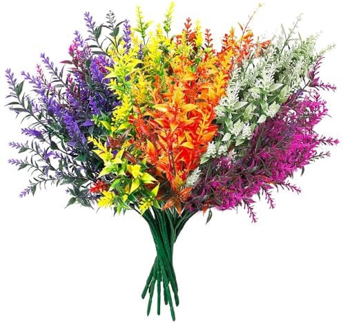 Eteamcan Artificial Flowers Outdoor, 10 Bundles Artificial Lavender Plants Outdoor Decorative Plastic Faux Flowers for Outdoors Indoor Outside Garden