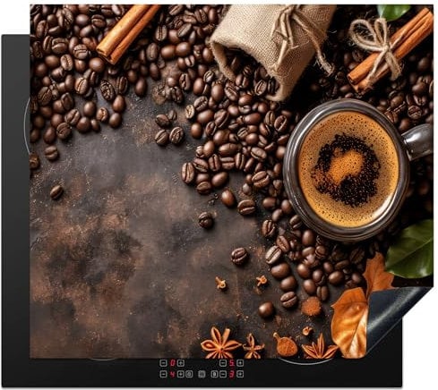 KitchenYeah© Induction Hob Cover Protector Mat 20.3x22.7 / 57.6x51.6 cm Kitchen Universal Ceramic Covers for Electric Cookers Vinyl Coffee - Kitchen - Coffee Beans - Leaves