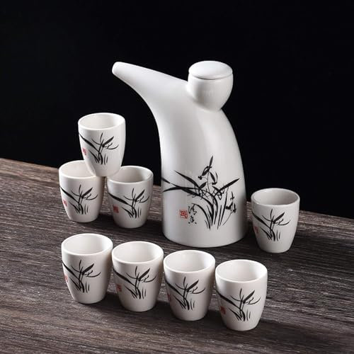Japanisches Sake-Becher-Set, 9-teilig, traditionelle Keramik-Handwerksbecher mit 1 Sake-Servierflasche und 8 Sake-Bechern, Landschaft (Orchidee)