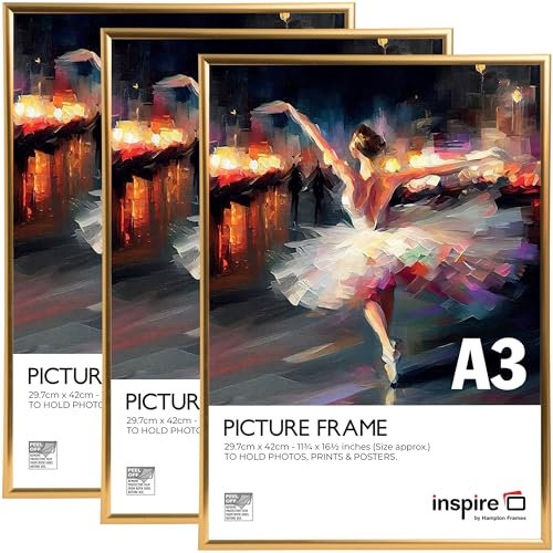 inspire by Hampton Frames BACKLOADER A3 Gold Poster Frame Acrylic (Non-Glass) Pack of 3