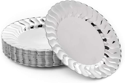 MATANA - 40 Premium Plastic Dinner Party Plates with Silver Finish, Multi-Use & Reusable - 22.5cm / 9
