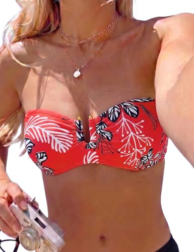 Hilor Parte superior de bikini con aros para mujer, copa A-C, push up, traje de baño de apoyo, parte superior de traje de baño bandeau, Floral rojo y blanco, 8