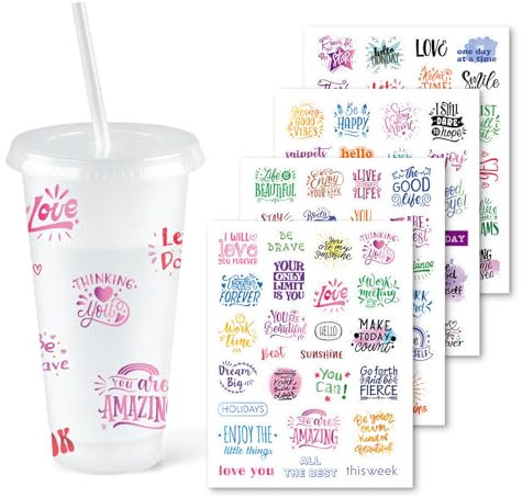 5 Pack Transparency Cups with 112 pcs DIY Stickers Reusable Glitter Cups with Lids and Straws Plastic Tumblers with for Adults to Drink Water Coffee Smoothie Beverages at Parties-710ml White