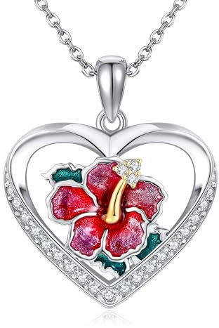 DAYLINLOVE Hibiskus Halskette 925 Sterling Silber Blume Schmuck für Frauen Mutter Geschenke Hibiskus Liebhaber Geburtstag Weihnachten Geschenke
