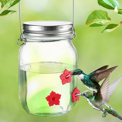 Gdiojnfg Mason Jar Hummingbird Feeder, Mason Jar Bird Dish Feeder With Flower Feeding Ports, Hummingbird Water Feeder, Hummingbird Feeder For Outdoors, Wide Top Opening For Easy Fill, Yard Decoration