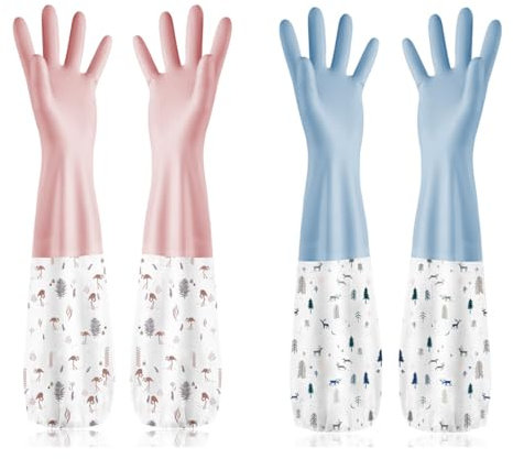 XPEX 2 Paar Haushaltshandschuhe,Lange Gummihandschuhe Handschuhe Latexfrei Mit Innenfutter Aus Baumwolle Zum Geschirrspülen Wäschereinigung Bad,Auto (Mittlere Größe)