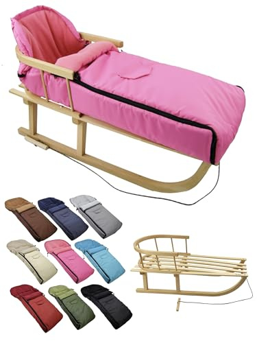BambiniWelt Holzschlitten mit Rückenlehne & Zugseil + Winterfußsack 108 cm – warmes Thermofleece, wasserabweisend – Kombi-Set für Kinderwagen & Buggy, Farbe: pink
