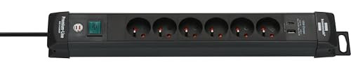 Brennenstuhl Premium-Line Multiprise avec 6 Prises et USB C PD 30W et USB A 18W (Made in Germany, Bloc Multiprise avec 3m de câble et Interrupteur, Multiprise Murale) Noir