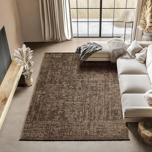 Carpettex Chenille Teppich Baumwolle Braun 120x170 cm Boho-Stil, Vintage Kelim, Waschbar, Kurzflor, rutschfest & Weich, Einfarbig Meliert, Für Wohnzimmer, Schlafzimmer, Büro & Küche