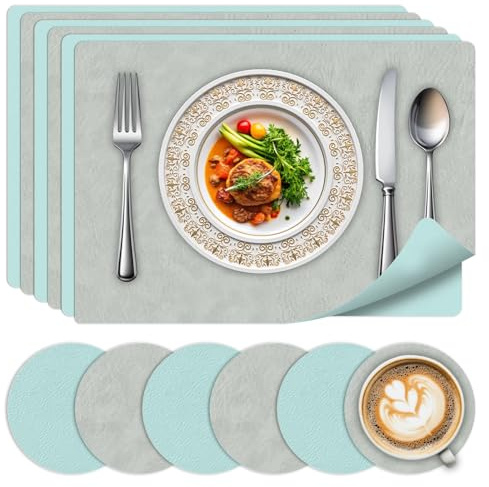Set di tovagliette e sottobicchieri resistenti al calore 6,16.9“×11.8” | Tovagliette da tavola lavabili su entrambi i lati, con retro antiscivolo per cucina e ristorante (blu + giallo)