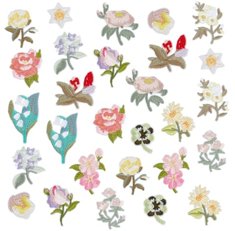 letsinstyle 28Pcs Mini Flowers Embroidered Iron On Patches, 14 Patterns Decorative Embroidery Floral Applique, Sewing Supplies for Skirts Shoes Shirts Socks Backpacks Envelopes DIY Crafts