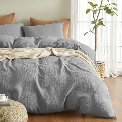 Bailix Premium Musselin Bettwäsche Sets 200x220 3 teilig 100% Baumwolle atmungsaktiv & bügelfrei Bettbezüge 200x220cm + 2er Kissenbezüge 80x80cm Oeko-Tex Bettwäsche-Sets mit Knöpfe Grau