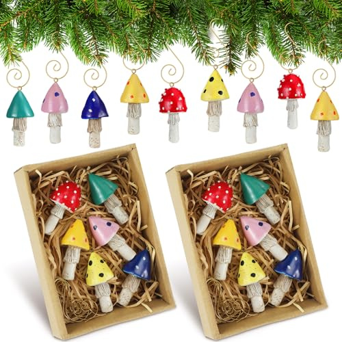 RattanView 12 Pcs Rustic Mushroom Christmas Ornaments with Hooks and Gift Box Vintage Mushroom Christmas Tree Hanging Ornaments for Xmas Holiday Party Decorations (Vibrant Style)