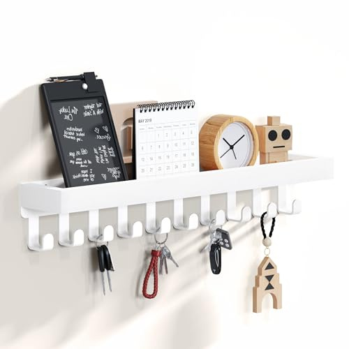 SWTYMIKI Schlüsselbrett mit Holztablett und 10 Haken - Multifunktionales | Schlüsselhalter/Schlüsselboard, Schlüsselbrett mit Ablage für Flur, Schlafzimmer & Küche, Hängen Küchenbesteck
