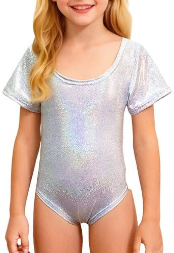 Generisch Justaucorps de danse latine pour fille avec strass brillants à manches courtes Unitard Performance Costume d'entraînement pour compétitions et spectacles sur scène, argenté, 160