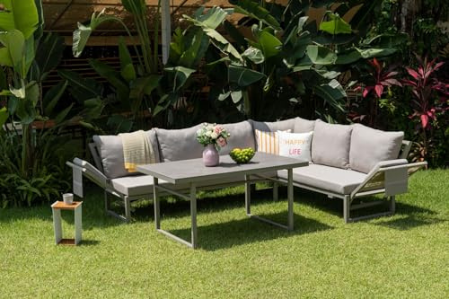 Gardissimo San Remo Hell Dining Eck Lounge Set 3 in 1 Gartenlounge | Flexibel Stellbar mit Ecksofa, Verstellbare Kopfteile, Esstisch & Kissen inkl., Wetterfest bis 7 Personen, Waschbare Bezüge