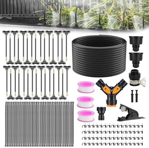 Feelhap Nebulizzatore Giardino, 35M Dispositivo di Raffreddamento a Spruzzo | Sistema di Irrigazione curvato a 360° con 30 Giunture a T + 30 Ugelli Nebulizzatori in Ottone, Sistema di Nebulizzazione