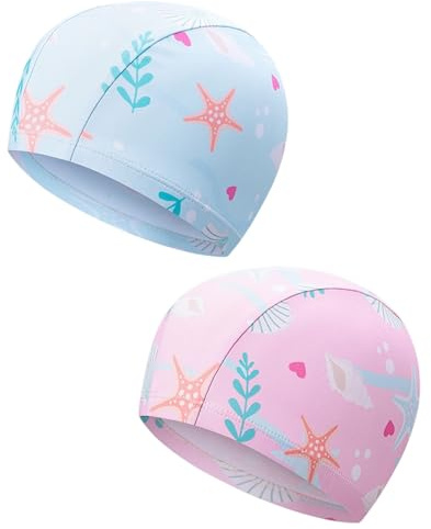 LOZTBUE Cuffie da Nuoto in Poliestere 2 Pezzi Stelle Marine Azzurre e Rosa, Cuffia Piscina per Bambini 6-12 Anni, Unisex Ragazzi e Ragazze, Protezione Capelli Comoda per Piscina e Mare