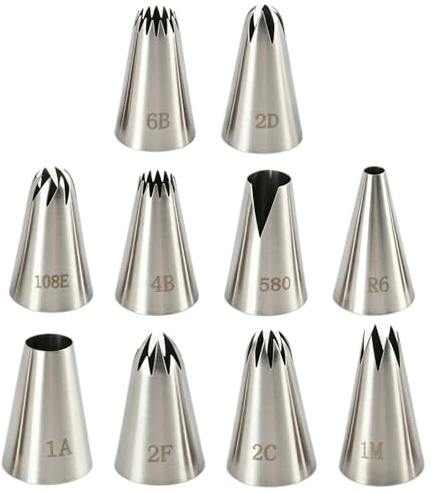 Lot de 10 grandes douilles à pâtisserie en acier inoxydable, embouts réutilisables pour poche à douille, set de décoration pour gâteaux cupcakes biscuits