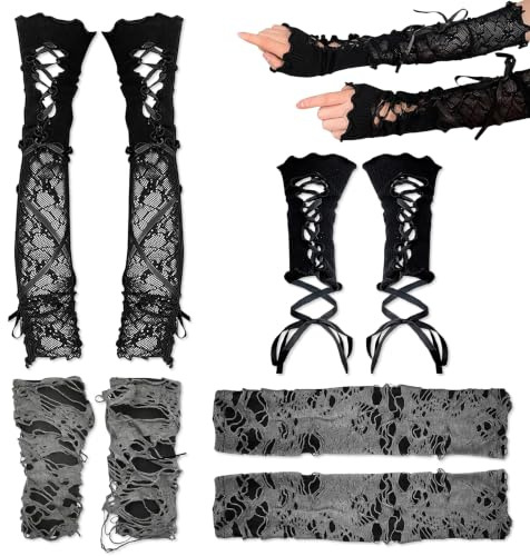 YiiHHooN 4 Paar Fingerlose Handschuhe, Gothic Grunge Spitzen Handschuhe in 2 Längen, Punk Y2K Armstulpen Damen mit Daumenloch für Fasching Karneval Halloween Party