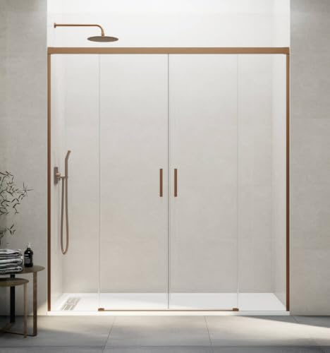 Imex - Box doccia oro rosa spazzolato, due ante 2 fisse + 2 scorrevoli, 150 cm, in vetro reversibile, profilo con larghezza adattabile e altezza 196 cm, vetro con spessore 6 mm
