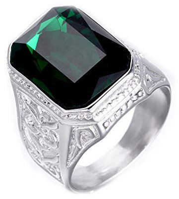 PAURO Herren Edelstahl Jahrgang Hochzeit Versprechen Smaragd Ring mit Großem Stein Silber Grün Größe 70 (22.3)