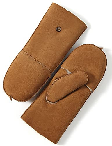 YISEVEN Damen Leder Fäustlinge Mite Gefüttert Lederhandschuhe Winterhandschuhe Fellhandschuhe Shearling Lammfellhandschuhe Fell Echtleder Schaffell Lammfell-Fäustlinge Geschenke, Kamel M