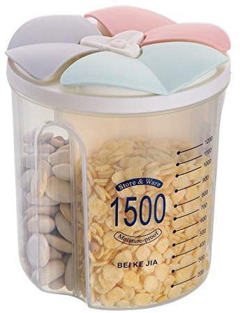 PDOOR Airtight Food Storage Container, Leak-Proof Plastic Dry Cereal Dispensers Containers with Durable Lids for Flour, Sugar, Rice - 1.5L/3 Grid