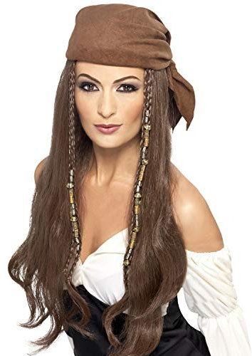 NET TOYS Aufregende Piratin Perücke mit Kopftuch - Braun - Vielseitiges Damen-Kostüm-Zubehör Gypsy Damenperücke Zigeunerin, Einheitsgröße, Kunsthaar
