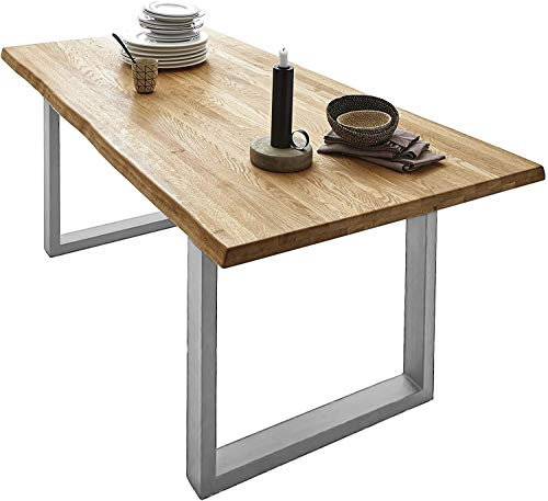 SAM Esszimmertisch 300x100cm Richard, echte Baumkante, Wildeiche massiv & geölt, Eichen-Baumkantentisch mit U-Metallgestell Silber