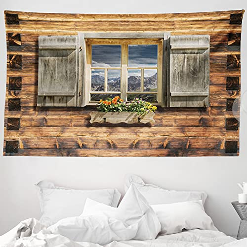 ABAKUHAUS Rustikal Wandteppich und Tagesdecke, Blick vom Berghütte aus Weiches Mikrofaser Stoff Waschbar ohne Verblassen Digitaldruck, 230 x 140 cm, Braun Grün