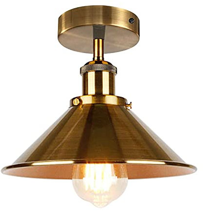 LEDSone Yellow Brass Semi Flush Mount Ceiling Light, 22cm Metal Cone Shade, E27 Base Indoor Fixture for Kitchen, Living Room, Lounge