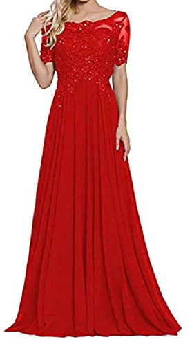 yhfshop Abendkleider Damen Ballkleid,Schulter-Kurzarm-Partykleid mit Spitzenapplikationen-Groß Rot_46,Damen Abendkleid Lang Hochzeitskleid