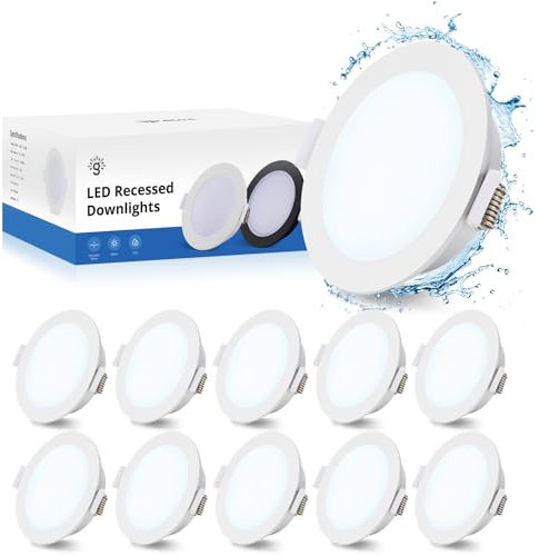 Gr4tec LED Einbaustrahler 230V Flach, 10x 5W LED Spots Badzimmer IP65 Kaltweiß 6500K 400LM, Deckenspots Weiß Loch 68-80mm, Spots Deckenleuchte 35mm Ultra Flach, Einbauleuchten für Küche Büro