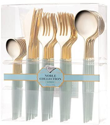 Decor Decorline - Ensemble de couverts réutilisables en plastique robuste - 40 pièces - Avec 16 fourchettes, 8 couteaux, 8 cuillères et 8 cuillères à dessert - Noble - Haut: Or - Poigné: Turquoise