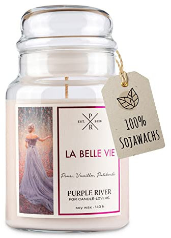 Purple River Große Duftkerze im Glas mit Deckel | La Belle Vie | Duftkerze Parfüm | Kerzen lange Brenndauer | Sojawachskerze | Raumduft für Zuhause