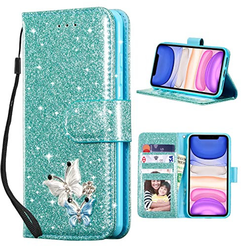 UEEBAI Wallet Case for iPhone 11 6.1 inch, Premium Sparkly Glitter PU Leather Phone Case Card Slots Kickstand Case Magnetic Closure Bling Case Shiny Flip Cover with Wrist Strap - Mint Green