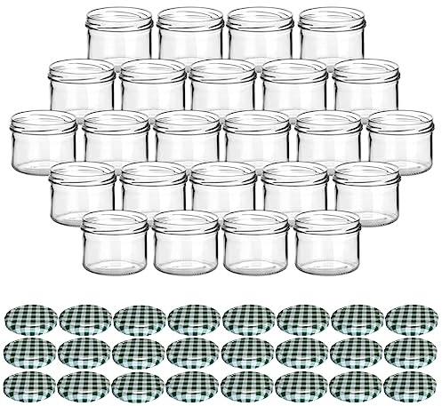 gouveo 24er Set Einmachgläser 230 ml rund mit Schraubdeckel karo-grün - Vorratsgläser mit Drehverschluss TO82 - Marmeladengläser, Einkochgläser, Wurstgläser