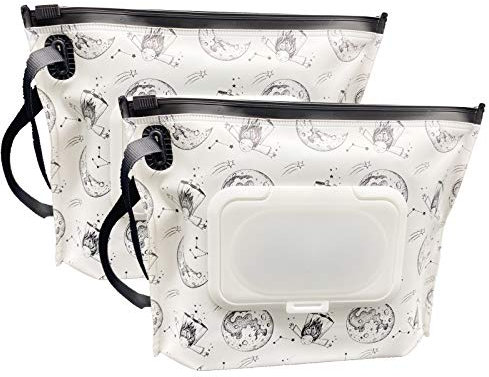 ULVBABI Small Size Portable Wet Wipe Pouch Container (7’’ x 5.4’’), Reusable & Refillable Baby Wipes Dispenser, Eco Friendly Handy Travel Diaper Wipes Carrying Case Holder (Moon Girl)