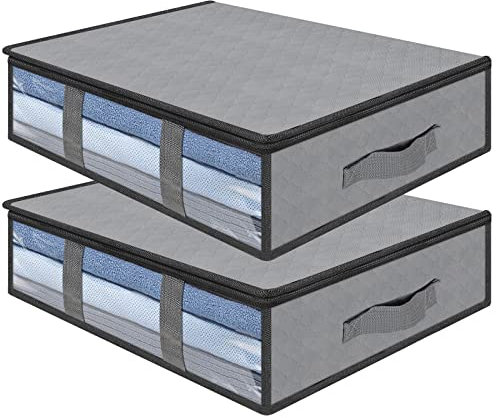 AiQInu Cajas Almacenaje Ropa, 2 Set Plegables Bajo Cama Bolsas con Ventana Transparente, Cama Organizador Armario para Ropa Mantas Edredones 60 x 45 x 15cm