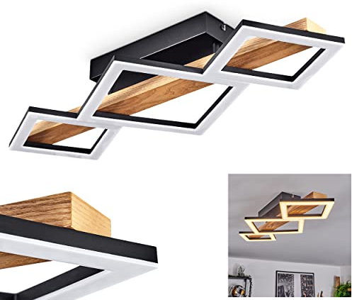HOFSTEIN LED Deckenleuchte Tavon, moderne Deckenlampe aus Metall/Holz/Kunststoff in Schwarz/Natur/Weiß, Leuchte mit Balken aus Echtholz, 1560 Lumen, 3000 Kelvin, 1 x LED 29 Watt (inkl.)