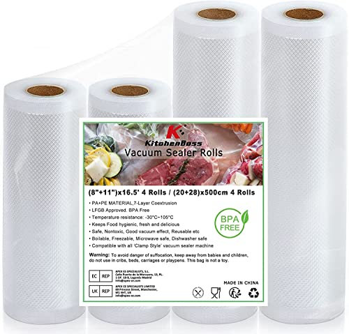 KitchenBoss Sac Sous Vide Alimentaire:Rouleau Sous Vide Alimentaire sans BPA pour Machine Sous Vide, Film Sous Vide Alimentaire 4 Rouleaux, Plastique Sachet de Mise Sous Vide Alimentaire, 20/28/500cm