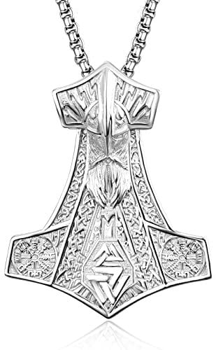 Mjolnir Viking Norse Necklace for Men Sterling Silver Norse Warrior Thors Hammer Pendant Viking Jewelry for Men Boys Father