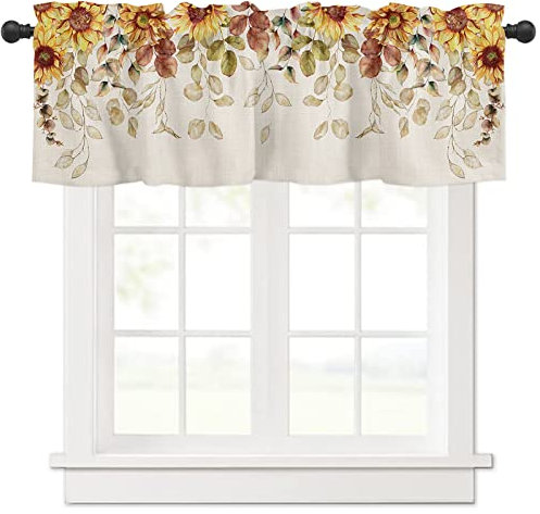Herbst-Sonnenblumen-Volant, Bauernhaus, Eukalyptusblätter, Fenstervolant, kurze Vorhänge, Fensterbehandlung, Stangentasche, Vorhänge, Vorhang für Schlafzimmer, 106.7x30.5 cm