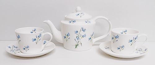 Bluebell Tea Set Bone China Harebell Teapot 900 ml 2 Cups 250 mm and 2 Saucers Sterling Set Hand Decorated UK