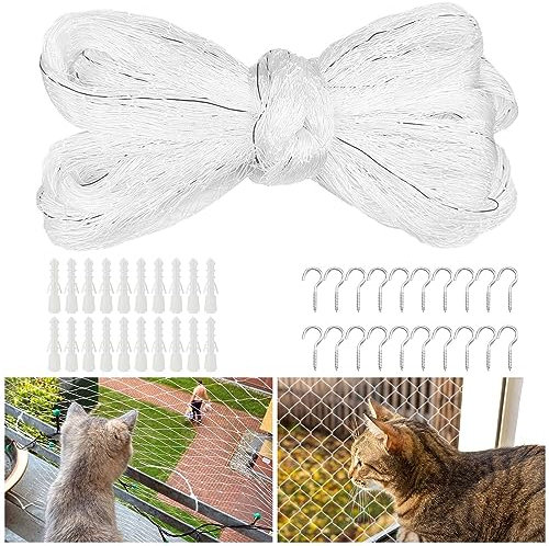 Rete Gatti, 4×3M Rete per Gatti, Rete per Gatti Balcone con Maglie da 2,5×2,5 cm, Rete Balcone per Gatti con Corda di Fissaggio e Accessori, Rete Gatti Balcone per Terrazze, Finestre, Lucernari
